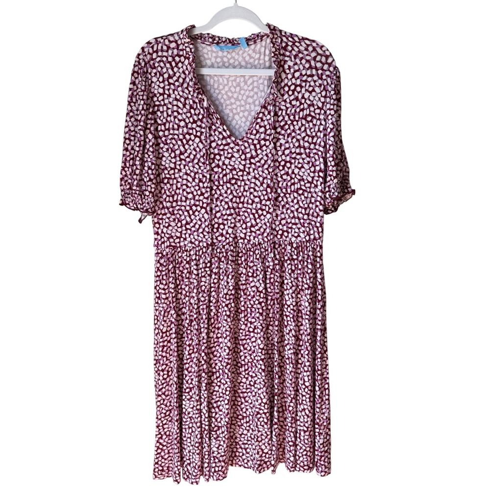 Draper James Naci Dress Jersey Stretch Pink Dot Ruffle Trim Tie Neck Size Large